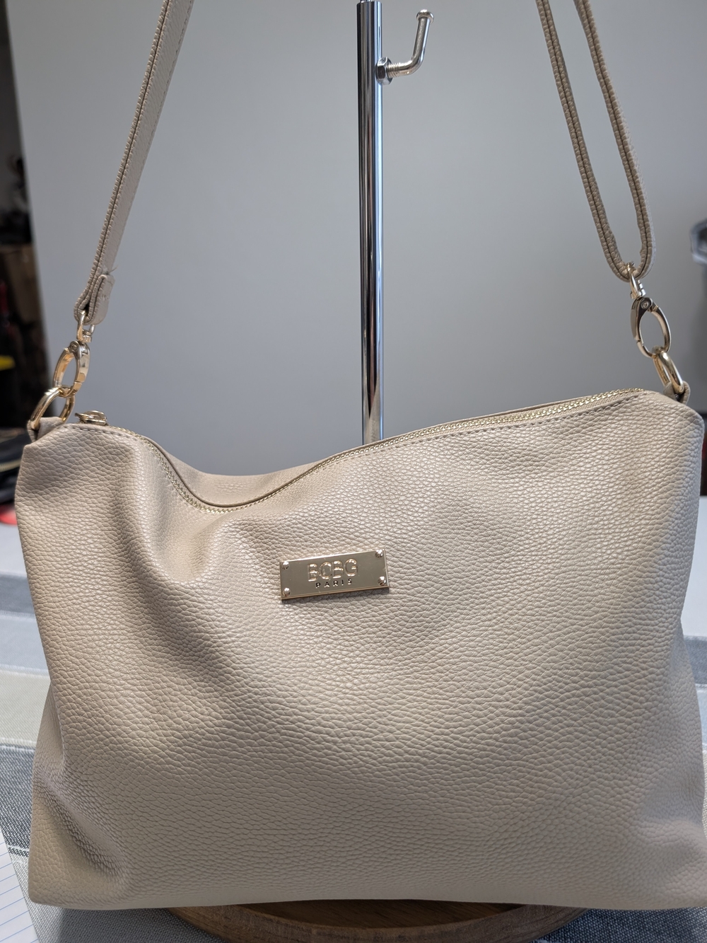 BCBG Beige Pebbled Leather Crossbody Shoulder Bag with Gold Hardware